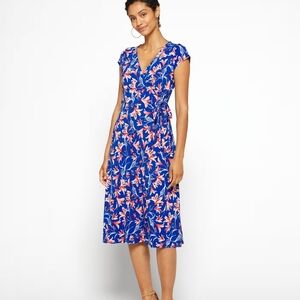 Kaileigh Blue and Pink Pleated Midi Dress with Flutter Sleeves